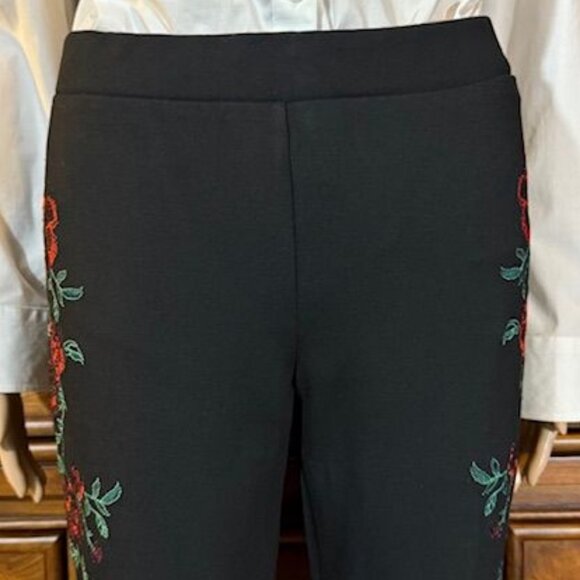 Suko Jeans Black Super Soft Knit Red Rose Embroidered Ponte Pant - Picture 6 of 9